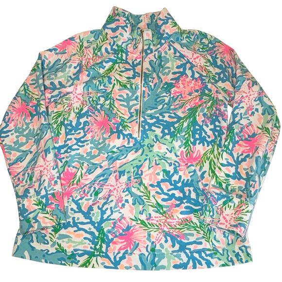 Lilly Pulitzer Skipper Popover Women's L | Turquoise Coral Print UPF 50+ - Picture 1 of 11